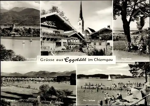 Ak Eggstädt Eggstätt in Oberbayern, Chiemgau, Wegkreuz, Harlsee, Fraueninsel, Ortsansicht, Kirche