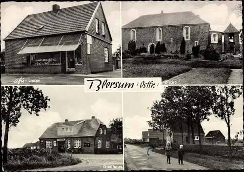 Ak Blersum Wittmund Niedersachsen, afu Laden, Kirche, Gasthaus, Kinder