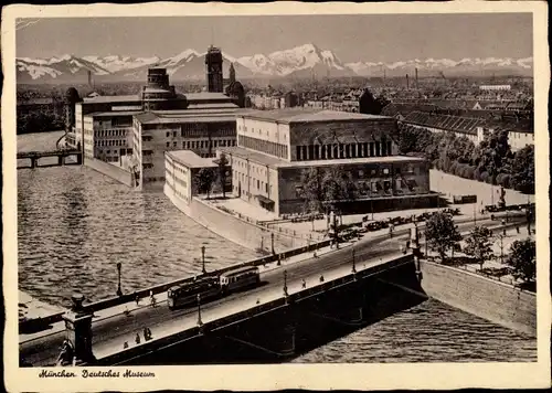 Ak München, Deutsches Museum, Brücke, Straßenbahn