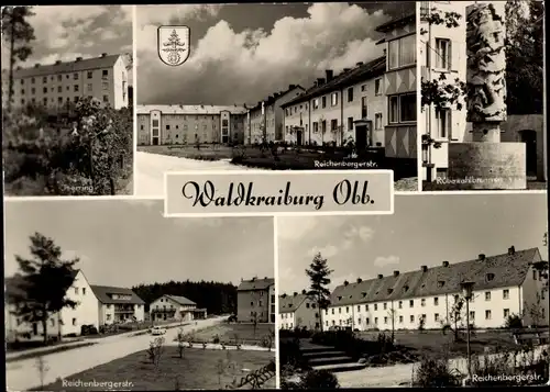 Ak Waldkraiburg in Oberbayern, Wappen, Iserring, Reichenbergerstraße, Rübezahlbrunnen