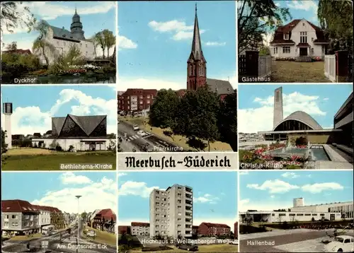 Ak Büderich Meerbusch am Niederrhein, Dyckhof, Bethlehems Kirche, Deutsches Eck, Hallenbad