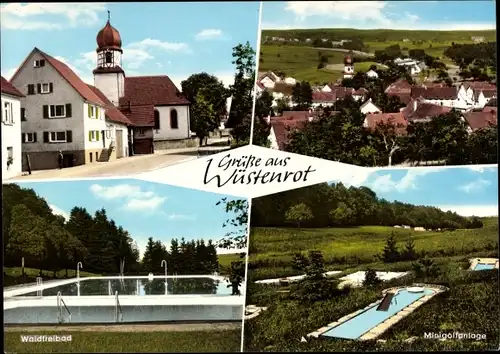 Ak Wüstenrot in Württemberg, Ortspartie, Blick über den Ort, Waldfreibad, Minigolfanlage