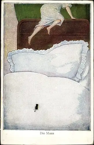Künstler Ak Die Maus, Maus auf einem Bett, flüchtende Frau