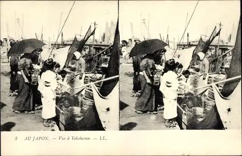 Stereo Ak Yokohama Präf. Kanagawa Japan, Fischhändler im Hafen, Frauen, Kinder, LL.