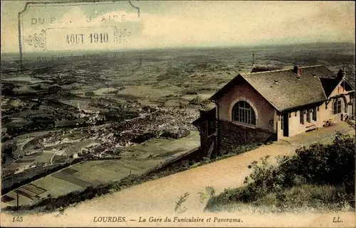 Ak Lourdes Hautes Pyrénées, Panorama, Bahnhof der Seilbahn