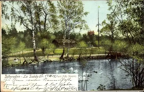 Ak Skansen Stockholm Schweden, Teich, Haus