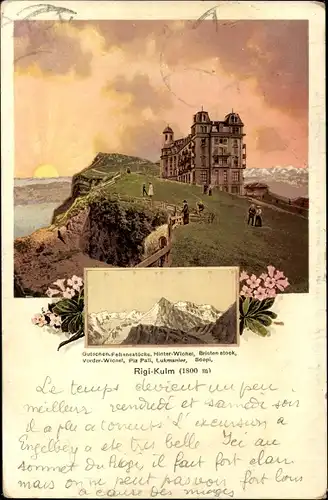 Litho Rigi Kulm Kanton Schwyz, Hotel, Berge, Gebirge, Sonnenuntergang