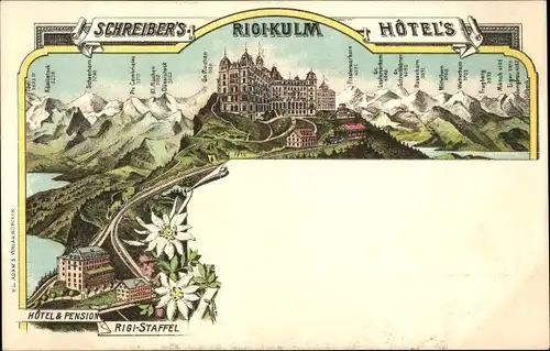 Litho Rigi Kulm Kanton Schwyz, Schreibers Hotels, Pension Rigi Staffel, Alpenpanorama