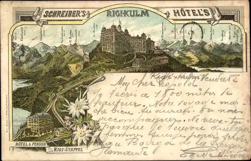 Litho Rigi Kulm Kanton Schwyz, Schreiber's Hotels, Edelweiß, Rigi-Staffel