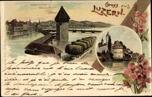 Litho Stadt Luzern Schweiz, Kapellbrücke, Wasserturm