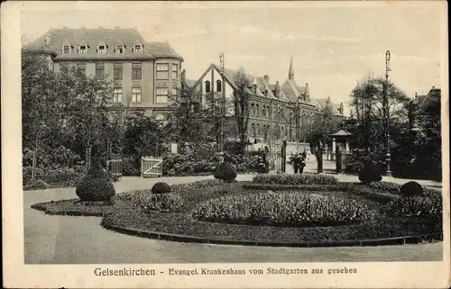 Ak Gelsenkirchen im Ruhrgebiet, Ev. Krankenhaus vom Stadtgarten aus gesehen