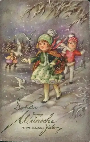 Ak Glückwunsch Neujahr, Kinder, Schneefall, Tauben