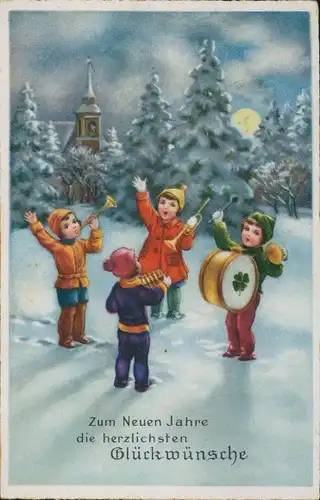 Ak Glückwunsch Neujahr, Musizierende Kinder, Schnee