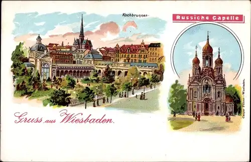 Litho Wiesbaden, Kochbrunnen, Russische Kapelle