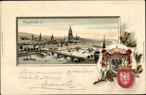 Präge Wappen Passepartout Litho Frankfurt am Main, Panoramablick