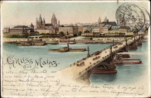 Litho Mainz am Rhein, Panorama, Brücke, Rheinpartie