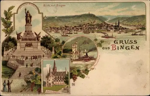 Litho Bingen am Rhein, Nationaldenkmal, Kapelle, Mäuseturm, Gesamtansicht