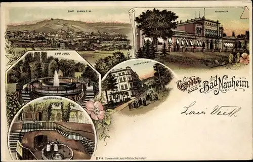 Litho Bad Nauheim in Hessen, Kurhaus, Sprudel, Kurbrunnen, Gesamtansicht