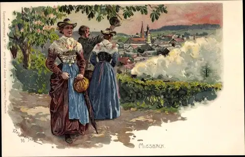 Künstler Litho Miesbach in der Region Oberland Oberbayern, Panorama, Mann, Frauen in Volkstrachten