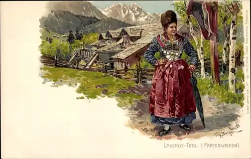 Künstler Litho Berger, Fritz, Garmisch Partenkirchen in Oberbayern, Loisachtal, Frau in Tracht