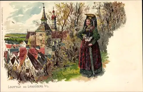 Künstler Litho Lechfeld, Teilansicht, Frau in Tracht