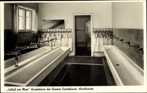 Ak Südstrand Wyk auf Föhr Nordfriesland, Schloss am Meer, Kinderheim Barmer Ersatzkasse, Waschraum