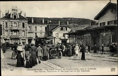 Ak Gérardmer Lorraine Vosges, Bahnhof, Abfahrt des Automobils zur Schlucht