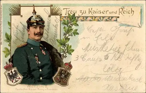 Präge Wappen Litho Kaiser Wilhelm II., Treu zu Kaiser und Reich