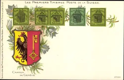 Wappen Briefmarken Litho Canton de Geneve, Les Premiers Timbres Poste de la Suisse