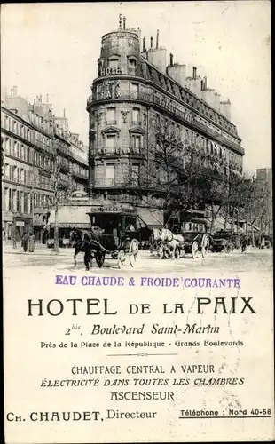 Ak Paris III., Hotel de la Paix, Boulevard Saint Martin