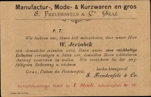 Ak Graz Steiermark, Manufaktur-, Mode- und Kurzwaren S. Freudenfels & Co., Jakominiplatz 16