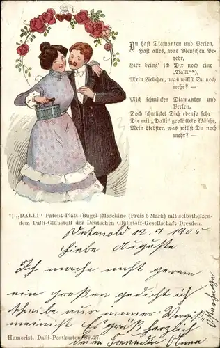 Ak Dalli Patent Plätt (Bügel) Maschine, Deutsche Glühstoff Gesellschaft Dresden, Paar, Bügeleisen