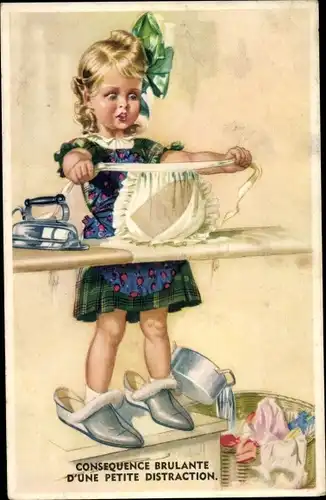 Ak Mädchen beim Bügeln, Bügeleisen, verbrannte Schürze