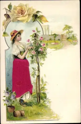 Stoff Litho Junge Frau im Kleid, Garten, Rosen