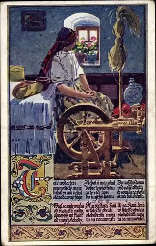 Künstler Ak Antos Frolka, Frau in Slowakischer Tracht, Spinnrad