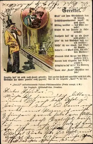 Litho Dalli Patent Plättmaschine, Bügeleisen, Deutsche Glühstoff Gesellschaft Dresden, Betrunkener