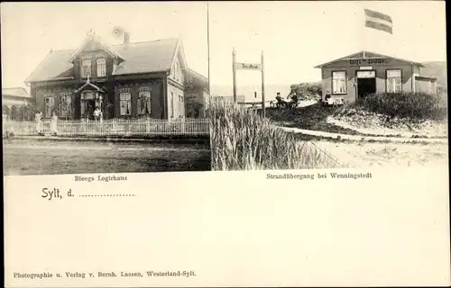 Ak Insel Sylt in Nordfriesland, Bisegs Logirhaus, Strandübergang bei Wenningstedt