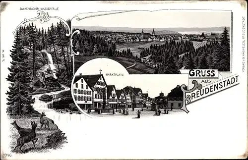 Litho Freudenstadt im Schwarzwald, Wasserfälle, Marktplatz, Totalansicht