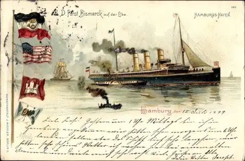 Litho Hamburg HAPAG Dampfer Fürst Bismarck, Passagierschiff, Elbepartie