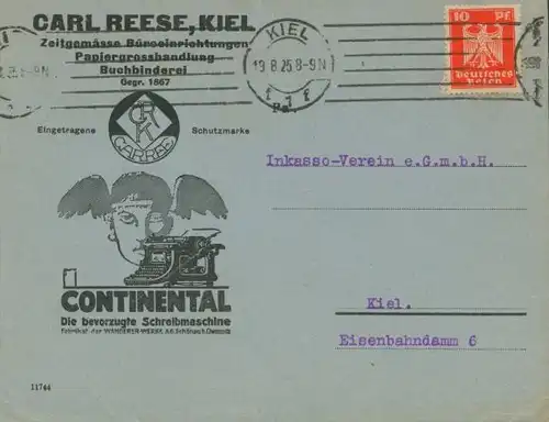 Briefumschlag, Carl Reese, Kiel, Büroeinrichtungen, Buchbinderei, Continental Schreibmaschine
