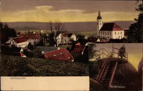 Ak Weigsdorf Cunewalde in der Oberlausitz, Heidenstein, Kirche