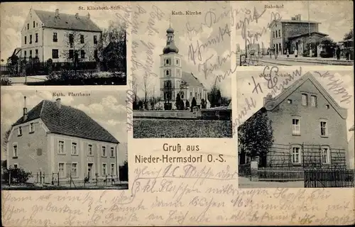 Ak Sobięcin Niederhermsdorf Wałbrzych Waldenburg Niederschlesien, Bahnhof, Schule, Kirche, Stift