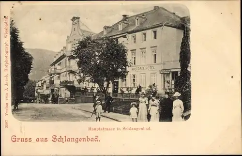 Ak Schlangenbad im Taunus Hessen, Hauptstraße, Victoria Hotel, Fußgänger