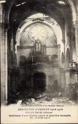 Ak Saloniki Thessaloniki Griechenland, Camagne d'Orient 1917, Interieur d'un Eglise apres incendie