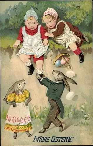 Präge Litho Glückwunsch Ostern, Osterhasenpaar, Kinder