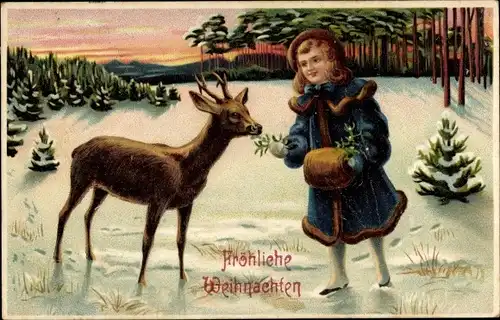 Ak Glückwunsch Weihnachten, Mädchen füttert ein Reh, Winterszene, Tannenbäume
