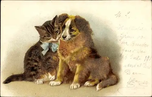 Glitzer Litho Hund und Katze, Freundschaft, Tierportrait