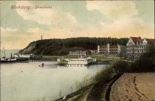 Ak Glücksburg in Schleswig Holstein, Strandhotel, Seebrücke, Strandhalle