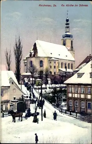 Ak Bogatynia Reichenau in Sachsen Schlesien, Evangelische Kirche, Winter