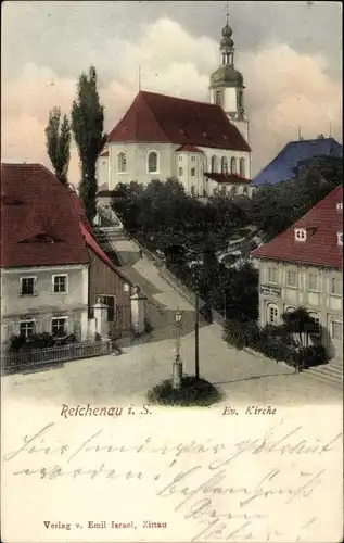 Ak Bogatynia Reichenau in Sachsen Schlesien, Evangelische Kirche